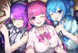  3girls absurdres black_hat blue_eyes blue_hair green_eyes hair_between_eyes hair_bun hat highres holding holding_microphone hololive hoshimachi_suisei indie_virtual_youtuber long_hair looking_at_viewer microphone minato_aqua multicolored_hair multiple_girls one_eye_closed open_mouth pink_hair pink_nails purple_hair shirt short_sleeves sleeveless smile sorainu1211eaka streaked_hair tokoyami_towa v violet_eyes white_shirt 