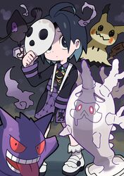  1boy :&lt; ahoge allister_(pokemon) ankle_socks black_eyes black_hair black_shirt bright_pupils closed_mouth collared_shirt colored_sclera colored_skin cursola dot_mouth frilled_socks frills galarian_yamask gengar hand_up highres hitodama holding holding_mask horns long_sleeves looking_at_viewer male_focus mask mimikyu miyata_(lhr) open_mouth pokemon pokemon_(creature) pokemon_swsh print_shirt purple_sclera purple_shorts purple_skin red_sclera shirt short_hair shorts sleeves_past_fingers sleeves_past_wrists smile socks squiggle_eyes suspenders teeth tongue tongue_out v-shaped_eyes white_footwear white_mask white_pupils white_socks 