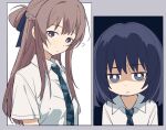  ? black_ribbon blue_eyes blue_hair blue_necktie blush braid bright_pupils brown_hair chinese_commentary closed_mouth coldcat. collared_shirt commentary_request commission french_braid grey_eyes hair_ribbon long_hair looking_at_viewer medium_hair miyagi_shiori necktie plaid_necktie ribbon school_uniform second-party_source sendai_hazuki shaded_face shirt short_sleeves shuuniichido_classmate_wo_kau_hanashi white_pupils white_shirt 