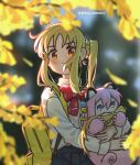  2girls animal_hug blonde_hair blue_eyes blurry blurry_background blurry_foreground bocchi_the_rock! cube_hair_ornament falling_leaves gotoh_hitori hair_ornament highres hug ijichi_nijika leaf looking_at_viewer multiple_girls myjet otter outdoors pink_fur polka_dot_bowtie side_ponytail sidelighting smelling_hair sunlight twitter_username yellow_background yellow_bag yellow_eyes yellow_theme 
