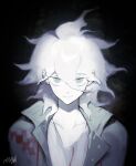  1boy absurdres black_background collarbone danganronpa_(series) danganronpa_2:_goodbye_despair green_jacket grey_eyes hair_between_eyes highres jacket komaeda_nagito male_focus open_clothes open_jacket signature smile solo upper_body usin_(wus1n) white_hair 