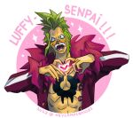  1boy 2023 abs bartolomeo chest_tattoo circle coat english_commentary fur-trimmed_coat fur_trim green_hair heart heart_hands highres keysandcrosses nose_piercing one_piece piercing purple_coat sharp_teeth sidelocks smile solo sparkle tattoo teeth tusks twitter_username upper_body 