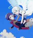  2boys angel angel_wings bacheally bandana black_gloves blue_eyes blue_sky closed_mouth clouds day fingerless_gloves flying gloves grey_hair hair_between_eyes halo headband highres imminent_hug jacket long_sleeves looking_at_viewer male_focus multiple_boys open_mouth original outdoors outstretched_arms shirt short_hair shorts sky sleeveless smile upper_body vest white_hair white_shorts wings 