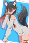  1girl :d \m/ animal_ear_fluff black_hair blue_background blush border carmine_(pokemon) colored_inner_hair commentary_request crossed_bangs eyelashes grey_shirt grid_background hair_between_eyes hasu_175 highres kemonomimi_mode leaning_forward looking_at_viewer mole mole_under_eye multicolored_hair open_mouth outside_border pokemon pokemon_sv redhead shirt simple_background sleeves_past_wrists smile solo sweat tail two-tone_hair white_border yellow_eyes 