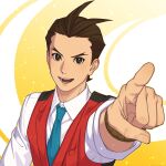  1boy ace_attorney black_eyes blue_necktie brown_hair character_request collared_shirt highres kune_akiro light_smile long_sleeves male_focus necktie open_mouth pointing pointing_at_viewer red_vest shirt short_hair solo teeth tongue two-tone_background upper_body vest white_background white_shirt wristband yellow_background 