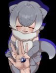  1girl animal_ears blush closed_eyes disembodied_limb elbow_gloves fangs fingerless_gloves frilled_one-piece_swimsuit frills fur_collar gloves grey_gloves grey_hair grey_one-piece_swimsuit grey_thighhighs hair_between_eyes hand_size_difference highres holding_hands kemono_friends multicolored_hair notora one-piece_swimsuit open_mouth otter_ears otter_girl otter_tail pov short_hair sidelocks small-clawed_otter_(kemono_friends) smile solo swimsuit tail thigh-highs two-tone_hair two-tone_one-piece_swimsuit white_fur white_hair white_one-piece_swimsuit zettai_ryouiki 