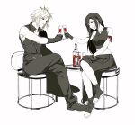  1boy 1girl absurdres alcohol apron arm_ribbon baggy_pants bare_shoulders belt_buckle black_apron black_footwear black_gloves black_hair black_pants black_shorts black_vest blonde_hair blue_eyes bottle breasts buckle closed_mouth cloud_strife collarbone commentary couple crop_top crossed_legs cup drinking_glass duoj_ji earrings final_fantasy final_fantasy_vii final_fantasy_vii_advent_children full_body gloves highres holding holding_cup jewelry long_hair looking_at_another medium_breasts midriff on_chair pale_skin pants popped_collar red_eyes red_ribbon ribbed_shirt ribbon shirt short_hair shorts single_bare_shoulder single_earring single_shoulder_pad sitting sleeveless sleeveless_shirt smile spiky_hair swept_bangs symbol-only_commentary tank_top tifa_lockhart toasting_(gesture) twitter_username vest waist_apron white_background white_tank_top 