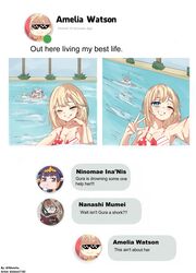  :d asphyxiation bikini blonde_hair book breasts byxis chat_log commentary cup deal_with_it_(meme) drowning english_commentary english_text facebook fake_screenshot gawr_gura glasses goggles hand_up highres holding holding_book large_breasts lsketchu meme mug nanashi_mumei ninomae_ina&#039;nis one_eye_closed open_book orange_hair out_here_living_my_best_life_(meme) photo-referenced pool purple_hair reading rectangular_mouth red_bikini selfie short_hair smile swim_cap swimsuit v watson_amelia 