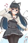  1girl animal_ears asashio_(kancolle) asashio_kai_ni_(kancolle) belt bespectacled black_dress black_hair black_pantyhose blue_background blue_eyes blush bow bowtie buttons cat_ears cowboy_shot dress glasses gradient_background highres kantai_collection long_hair long_sleeves looking_at_viewer neck_ribbon pantyhose pinafore_dress pleated_dress red_bow red_bowtie red_ribbon retsumaru ribbon school_uniform shirt sleeveless sleeveless_dress smile solo white_shirt 