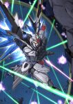  absurdres albert_rbk beam_saber commentary_request exhaust explosion eye_trail flying foreshortening freedom_gundam genesis_(gundam) glowing glowing_eyes gundam gundam_seed highres holding holding_sword holding_weapon laser light_trail mecha mecha_focus mechanical_wings mobile_suit no_humans open_hand out_of_frame providence_gundam robot science_fiction solo_focus space sword twitter_username v-fin war weapon wings yellow_eyes 
