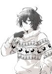  1boy adjusting_clothes ahoge alternate_costume animal_print bishounen christmas_sweater commentary_request deer expressionless gloves granblue_fantasy greyscale hair_between_eyes light_frown looking_at_viewer male_focus masakane messy_hair monochrome print_sweater sandalphon_(granblue_fantasy) short_hair solo_focus sweater turtleneck turtleneck_sweater upper_body white_background 