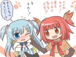  2girls :d akino_kaede bad_id bad_twitter_id black_gloves blue_eyes blue_hair blue_ribbon blunt_bangs blush brown_capelet brown_eyes capelet cheek_poking earrings elbow_gloves gloves jewelry long_hair looking_at_another magia_record:_mahou_shoujo_madoka_magica_gaiden magical_girl mahou_shoujo_madoka_magica minami_rena minami_rena_(magical_girl) multiple_girls neck_ribbon one_eye_closed open_mouth poking red_ribbon redhead reverse_(bluefencer) ribbon smile tears thought_bubble translation_request two_side_up v-shaped_eyebrows 