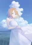  :3 atmospheric_perspective bare_arms bare_shoulders blonde_hair blue_sky bow clouds cumulonimbus_cloud dress flat_chest grass grasslands green_eyes hair_bow hands_on_own_stomach highres hill interlocked_fingers kagamine_rin looking_at_viewer medium_hair own_hands_together pale_skin skinny sky spaghetti_strap suiri_(suiri_02) sundress vocaloid white_bow white_dress wind 