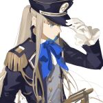  1boy aged_up blonde_hair blue_eyes buttons captain_nemo_(fate) double-breasted epaulettes fate/grand_order fate/grand_order_arcade fate_(series) gloves hand_on_headwear hat highres jacket long_hair long_sleeves male_focus military military_hat military_jacket military_uniform naval_uniform nemo_(fate) peaked_cap ponytail simple_background sketch solo uniform upper_body white_background white_gloves yoru_yoru13 