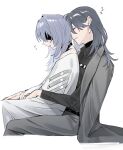  2girls black_shirt blue_hair chief_(path_to_nowhere) closed_eyes coat coat_on_shoulders collared_shirt commentary_request earrings eyepatch female_chief_(path_to_nowhere) flying_sweatdrops grey_coat grey_hair grey_pants hand_on_another&#039;s_leg hecate_(path_to_nowhere) highres jewelry long_hair long_sleeves multiple_girls pants parted_lips path_to_nowhere shirt simple_background sitting sitting_on_lap sitting_on_person sleeping smile toho10min white_background white_shirt yuri zzz 