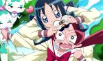  2girls :3 afterimage blue_eyes blue_hair blue_sky bow bowtie chypre_(heartcatch_precure!) clenched_hand closed_mouth clouds coffret_(heartcatch_precure!) collared_shirt day dress eyelashes furrowed_brow glasses groucho_glasses hanasaki_tsubomi heart heartcatch_precure! holding holding_removed_eyewear kurumi_erika long_hair maeashi motion_blur motion_lines multiple_girls myoudou_gakuen_middle_school_uniform o_o open_mouth outdoors panicking pink_hair precure red_bow red_bowtie sailor_collar school_uniform shirt short_dress sky smile sweat tree unworn_eyewear upper_body v-shaped_eyebrows waving_arm wavy_mouth white_sailor_collar wide_sleeves yellow_shirt 