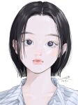  1girl artist_name black_eyes black_hair dated highres looking_at_viewer original parted_lips portrait shirt short_hair signature simple_background solo striped_clothes striped_shirt white_background yoshino_ganko 