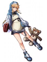  1girl androgyne_symbol aqua_eyes bike_shorts_under_skirt black_gloves black_ribbon blonde_hair bridget_(guilty_gear) cuffs female_focus fingerless_gloves full_body gloves guilty_gear guilty_gear_strive habit handcuffs highres hood hood_up hooded_jacket jacket long_sleeves looking_at_viewer medium_hair miura_hajime puffy_long_sleeves puffy_sleeves ribbon roger_(guilty_gear) smile solo stuffed_animal stuffed_toy teddy_bear yo-yo 