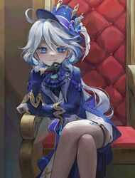  1girl absurdres ahoge ascot asymmetrical_gloves black_gloves blue_ascot blue_eyes blue_gemstone blue_hair blue_hat blue_jacket cowlick crossed_legs elbow_rest english_commentary furina_(genshin_impact) gem genshin_impact gloves hair_between_eyes hat heterochromia highres jacket jiyuneva kodona light_blue_hair lolita_fashion long_hair long_sleeves looking_at_viewer mismatched_gloves multicolored_hair sitting smile solo streaked_hair throne top_hat white_gloves white_hair white_trim_bow 
