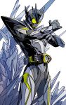  1boy armor bug driver_(kamen_rider) full_body glowing glowing_eyes grasshopper highres kamen_rider kamen_rider_01_(series) kamen_rider_zero-one looking_at_viewer male_focus metalcluster_hopper power_armor rider_belt solo spikes standing thighs tokusatsu y_a_m_a_y_a zero_one_driver 