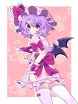  1girl :&lt; back_bow bat_wings border bow cowboy_shot double-parted_bangs dress dutch_angle frilled_bow frills frown hair_between_eyes hat hat_bow looking_down mob_cap pineapple_print pink_dress purple_hair red_bow red_eyes remilia_scarlet short_hair short_sleeves sleeve_bow thigh-highs touhou tsugomori_(remilia0398) tsurime wavy_hair white_border white_thighhighs wings wrist_cuffs zettai_ryouiki 