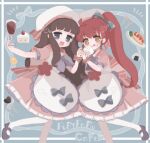  2girls :d apron blue_background blue_eyes brown_eyes brown_hair cake cake_slice collared_dress cup dress drinking_glass food food_on_face foot_out_of_frame fork frilled_apron frills full_body hat highres holding holding_cup holding_food kira_(kiratwins) kurosu_aroma long_hair looking_at_viewer multiple_girls omelet omurice onigiri open_mouth pantyhose pink_dress ponytail pretty_series pripara puffy_short_sleeves puffy_sleeves redhead shiratama_mikan shoes short_sleeves smile spoon standing standing_on_one_leg tongue tongue_out white_apron white_hat white_pantyhose wine_glass 
