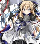  1girl :o aesc_(fate) aesc_(savior)_(fate) ahoge armor armored_dress black_bow black_gloves black_pantyhose blonde_hair blue_eyes blue_ribbon blush bow breastplate commentary_request dress fate/grand_order fate_(series) fur_trim gloves hair_between_eyes hair_bow hair_ribbon highres holding holding_staff long_hair looking_at_viewer ooo00_cha pantyhose ribbon sidelocks simple_background solo spikes staff very_long_hair white_background white_dress wide_sleeves 