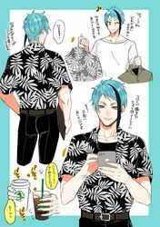  1boy black_shirt blue_hair green_eyes heterochromia highres jade_leech leaf_print male_focus multiple_views shinozaki_kyouko shirt short_hair simple_background translation_request twisted_wonderland white_background yellow_eyes 