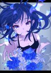  1girl barefoot black_hair blue_flower blue_hair dress flower goma_irasuto highres looking_at_viewer mole mole_under_eye multicolored_hair original petals shadow signature solo two-tone_hair violet_eyes 