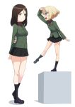  2girls black_skirt blonde_hair blue_eyes blush breasts brown_hair buchikaki closed_mouth full_body girls_und_panzer height_difference highres katyusha_(girls_und_panzer) long_hair looking_at_another military_uniform miniskirt multiple_girls nonna_(girls_und_panzer) open_mouth pleated_skirt pravda_military_uniform short_hair simple_background skirt small_breasts smile uniform white_background 