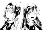  2girls absurdres closed_mouth collared_shirt commentary_request fang fang_out furrowed_brow greyscale hair_ribbon highres index_finger_raised looking_at_viewer love_live! love_live!_nijigasaki_high_school_idol_club mifune_shioriko monochrome multiple_girls neck_ribbon nijigasaki_academy_school_uniform one_eye_closed one_side_up open_mouth pointing pointing_up ribbon school_uniform shirt short_hair sidelocks summer_uniform tommer upper_body v vest white_background yuki_setsuna_(love_live!) 