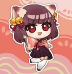  1girl :3 ahoge animal_ears bell bow brown_hair brown_skirt cat_ears cat_girl chibi commentary_request frilled_sleeves frills full_body hair_bell hair_ornament hair_ribbon hirahude ichihime japanese_clothes jingle_bell kimono long_sleeves looking_at_viewer mahjong_soul medium_bangs obi open_mouth outline outstretched_arms pink_background pink_kimono red_bow red_eyes red_ribbon red_sash ribbon sash short_hair skirt solo spread_arms thigh-highs v-shaped_eyebrows waist_bow white_outline white_thighhighs wide_sleeves 