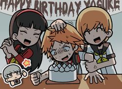  1boy 2girls :&lt; ^_^ amagi_yukiko anger_vein black_hair black_sailor_collar blunt_bangs cake camera closed_eyes closed_mouth food grey_eyes grey_hair hairband hanamura_yousuke happy_birthday headphones headphones_around_neck highres holding holding_camera multiple_girls narukami_yuu neckerchief open_mouth orange_hair own_hands_together persona persona_4 red_hairband sach56000 sailor_collar satonaka_chie school_uniform serafuku short_hair short_sleeves star_(symbol) sweat table thumbs_up yellow_neckerchief 