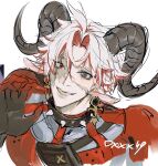  1boy animal_ears artist_name black_collar blue_eyes claw_pose claws collar colored_extremities dxxx49 ear_piercing goat_boy goat_ears goat_horns grin hand_up highres horizontal_pupils horns kemonomimi_mode looking_at_viewer male_focus multicolored_hair piercing red_eyes redhead scar scar_(wuthering_waves) scar_across_eye scar_on_cheek scar_on_face short_hair simple_background smile solo spiked_collar spikes streaked_hair upper_body white_background white_hair wuthering_waves 