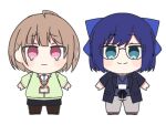  2girls a-chan_(hololive) blue_eyes blue_hair bow brown_hair chibi giao2_ng glasses hair_bow hair_ornament harusaki_nodoka hololive looking_at_viewer multiple_girls shirt short_hair smile tears virtual_youtuber white_background 