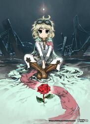  1girl blonde_hair blue_eyes boots brown_footwear cape commentary_request flower force_of_will goggles goggles_on_head highres konno_takashi leaf long_sleeves looking_at_viewer pants red_flower red_rose rose short_hair sitting white_pants 