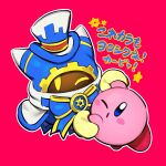 1boy 1other blue_bow blue_eyes blue_hat blue_hood blush_stickers bow gears gogoheaven_welcomehell hat highres holding_hands kirby kirby&#039;s_return_to_dream_land kirby_(series) magolor no_humans one_eye_closed outline pink_background simple_background top_hat translation_request white_outline yellow_eyes