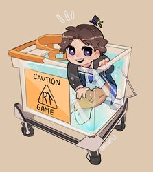  1boy artist_name black_jacket brown_hair chibi chibi_only fish_tank gomi_(gomiidd) highres jacket looking_at_viewer male_focus merman monster_boy necktie open_clothes open_jacket purple_necktie real_life rtgame shirt short_hair simple_background smile solo violet_eyes water white_shirt 