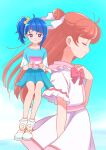  2girls blue_hair blue_shirt blue_skirt blue_sky bow bowtie casual closed_eyes closed_mouth clouds cloudy_sky commentary_request cut_bangs dress envelope from_side hair_bun hair_ribbon hand_on_own_chest highres hirogaru_sky!_precure holding holding_envelope invisible_chair kyanos_(b_0000ff) letter long_hair medium_hair miniskirt multiple_girls nijigaoka_mashiro partial_commentary pink_hair pleated_skirt precure red_bow red_bowtie ribbon shirt shoes short_sleeves side_ponytail single_hair_bun single_sidelock sitting skirt sky smile sneakers socks sora_harewataru standing white_dress white_footwear white_ribbon white_socks yellow_ribbon 