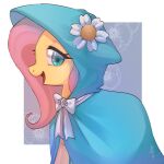  1girl animal blue_cloak choco_hosikawa cloak clothed_animal flower fluttershy green_eyes highres hood hooded_cloak long_hair looking_at_viewer my_little_pony my_little_pony:_friendship_is_magic no_humans open_mouth pegasus pink_hair solo white_flower yellow_fur 