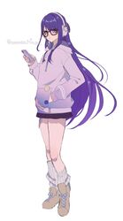  1girl bare_legs black_skirt blunt_bangs closed_mouth genshin_impact glasses hair_down hand_in_pocket headphones highres hood hoodie long_hair looking_at_phone mano_(m1n0f2e1) mole mole_under_eye phone purple_hair purple_hoodie raiden_shogun raiden_shogun_(2nd_anniversary) shoes simple_background skirt socks solo standing thighs tomoe_(symbol) twitter_username violet_eyes white_background white_socks 