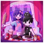  +_+ 1boy 1girl apron aubrey_(headspace)_(omori) aubrey_(omori) black_eyes black_hair blush bow cat closed_mouth colored_skin expressionless food forest_bunny_(omori) hair_bow highres holding holding_knife knife looking_at_viewer mewo mugi062 omori omori_(omori) open_mouth pink_apron pink_bow plate purple_hair smile steak teeth upper_teeth_only violet_eyes white_skin 