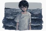  1boy :| arms_at_sides black_eyes black_hair closed_mouth day dot_nose expressionless glasses highres horizon inu_dakisime looking_at_viewer male_focus ocean original outdoors semi-rimless_eyewear shirt short_sleeves solo t-shirt upper_body water white_shirt 