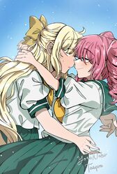  2girls arms_around_neck artist_name blonde_hair blue_background blue_eyes blush bow closed_mouth commentary drill_hair ear_blush english_commentary from_side full-face_blush green_sailor_collar green_skirt hair_bow hanabishi_haruka highres light_particles long_hair magia_magenta magia_sulfur mahou_shoujo_ni_akogarete multiple_girls neckerchief nervous_sweating parted_lips pink_hair pleated_skirt profile sailor_collar shirt short_sleeves skirt smile sweat tenkawa_kaoruko twintails white_shirt yellow_bow yellow_neckerchief yoruneko_(liampadolina) yuri 