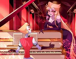  1boy 1girl absurdres blonde_hair chandllucky couple demon_boy demon_girl dress grand_piano hazbin_hotel highres husband_and_wife instrument lilith_(hazbin_hotel) long_hair looking_at_another lucifer_morningstar_(hazbin_hotel) piano purple_dress sitting very_long_hair 