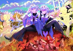  2girls 3boys absurdres ahoge baby black_footwear black_pants black_shirt breasts chain clouds cloudy_sky dress fate/grand_order fate_(series) flag flower highres horse knight lady_avalon_(fate) long_hair merlin_(fate) merlin_(fate/prototype) minayukiinori multiple_boys multiple_girls pants pink_eyes shirt sky white_dress white_hair 