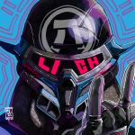  1boy apex_legends black_gloves blue_background commission gloves helmet makaron male_focus octane_(apex_legends) official_alternate_costume portrait second-party_source solo sonic_boom_octane straight-on 