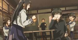  2boys 3girls black_hair blue_eyes book chair chitanda_eru clenched_hands fukube_satoshi fuyuhino grin head_rest hyouka ibara_mayaka long_hair medium_hair multiple_boys multiple_girls oohinata_tomoko oreki_houtarou school_uniform short_hair smile table yellow_eyes 