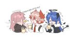  3girls alcohol arknights beer beer_mug black_jacket blue_hair bright_pupils chibi closed_eyes collared_shirt cup demon_horns demon_tail energy_wings feather_hair fiammetta_(arknights) fur-trimmed_jacket fur_trim gloves halo highres horns jacket lemuen_(arknights) long_hair long_sleeves molu_stranger mostima_(arknights) mug multiple_girls necktie open_mouth pink_hair red_necktie redhead shirt short_hair simple_background tail white_background white_gloves white_pupils white_shirt 