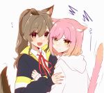  2girls :d absurdres alternate_hairstyle animal_ear_fluff animal_ears annoyed black_jacket blush brown_hair cat_ears cat_girl cat_tail clenched_teeth collared_shirt commentary_request d4dj dog_ears dog_girl dog_tail fang flying_sweatdrops gradient_hair hair_between_eyes hand_on_another&#039;s_arm hand_on_another&#039;s_chest high_ponytail highres hood hood_down hoodie inuyose_shinobu jacket kemonomimi_mode long_hair long_sleeves looking_at_another looking_at_viewer looking_to_the_side motion_lines multicolored_hair multiple_girls neck_ribbon nervous orange_hair parted_lips pink_hair ponytail red_eyes red_ribbon ribbon royyy999 school_uniform shirt short_hair sidelocks simple_background skin_fang sleeves_past_wrists smile squiggle sweatdrop tail tail_raised teeth translated two-tone_hair upper_body v-shaped_eyebrows white_background white_hoodie white_shirt yamate_kyouko yellow_eyes 